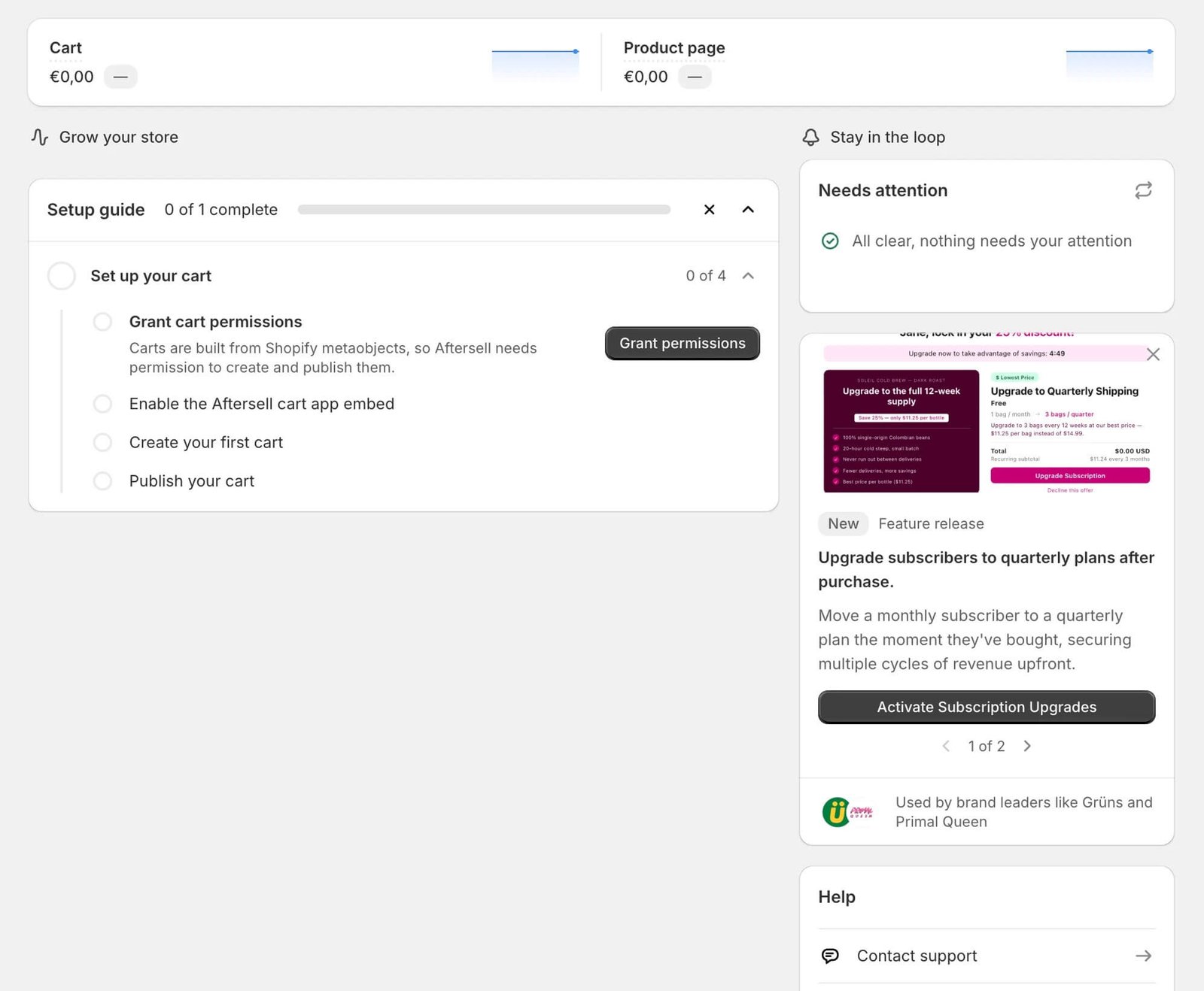 Aftersell home screen with cart and product page revenue and the cart setup guide