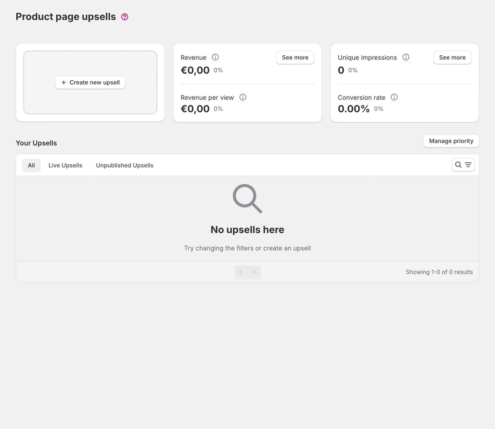 Aftersell product page upsells screen with revenue, impressions and conversion rate tiles