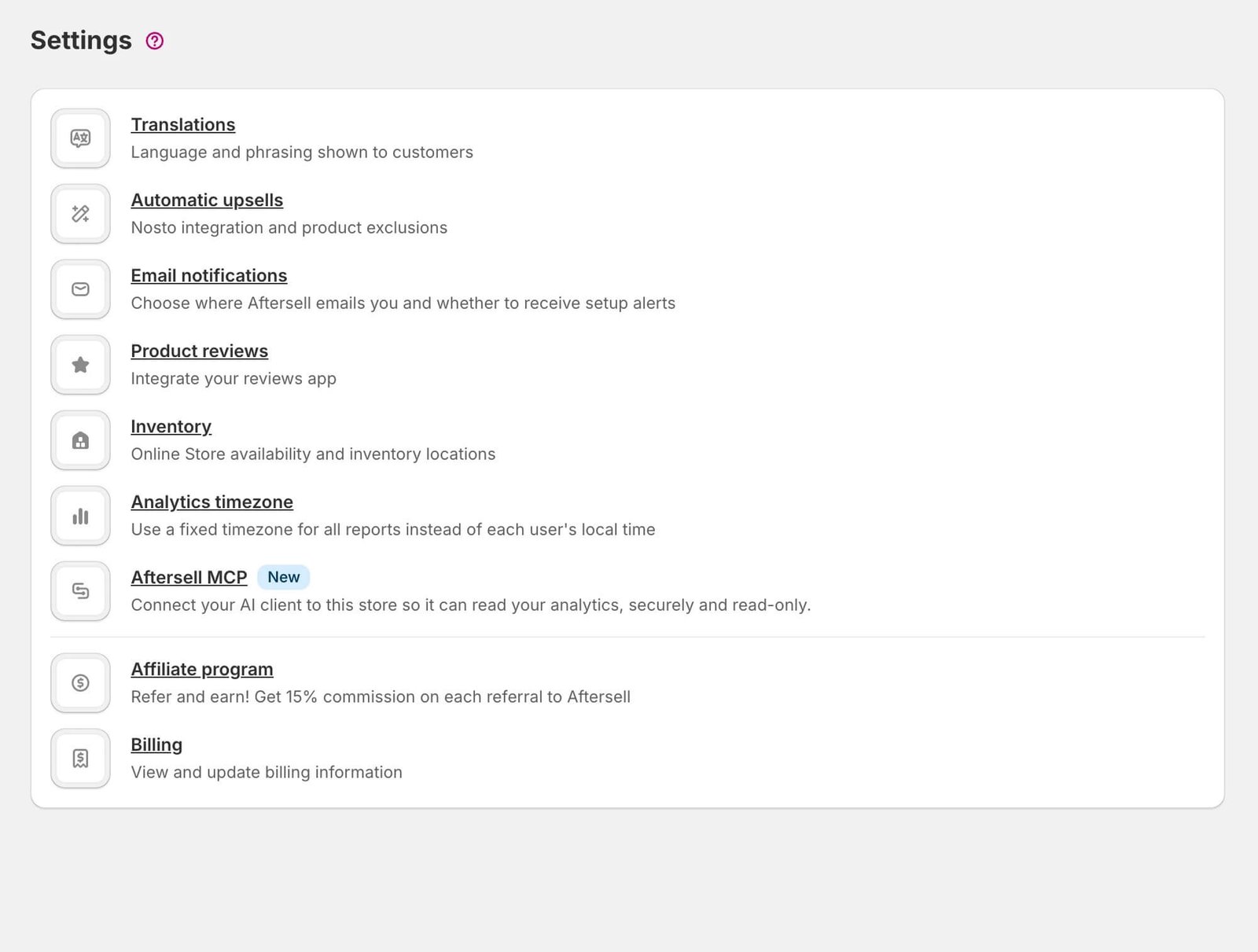 Aftersell settings screen listing translations, automatic upsells, inventory and billing options