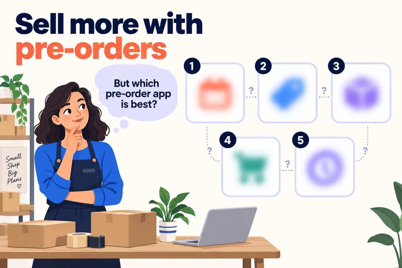 Store owner comparing five blurred preorder app options