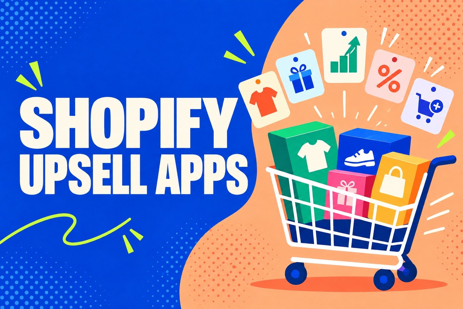 Flat editorial illustration of a shopping basket and five upsell app comparison cards