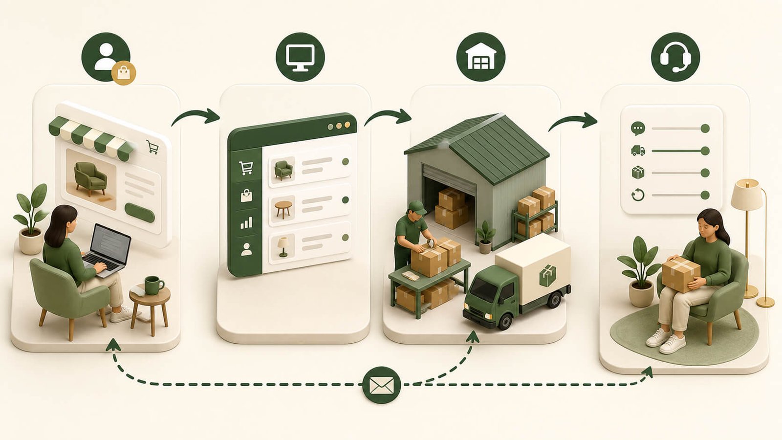 Four-step dropshipping flow showing a customer ordering from an online store, the store sending the order to a supplier, the supplier shipping the parcel, and the store providing customer support