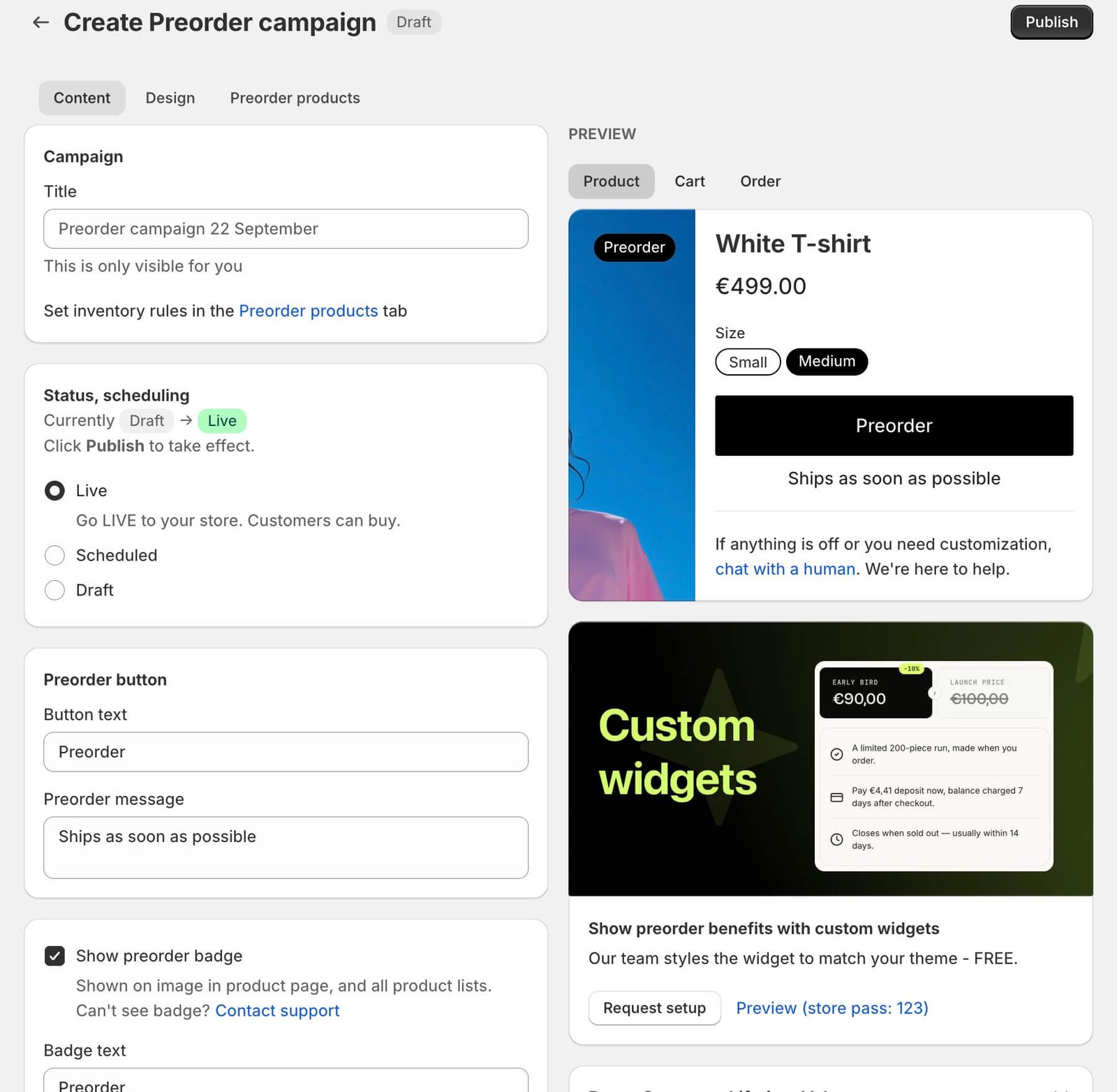Essential Preorder campaign editor with storefront preview