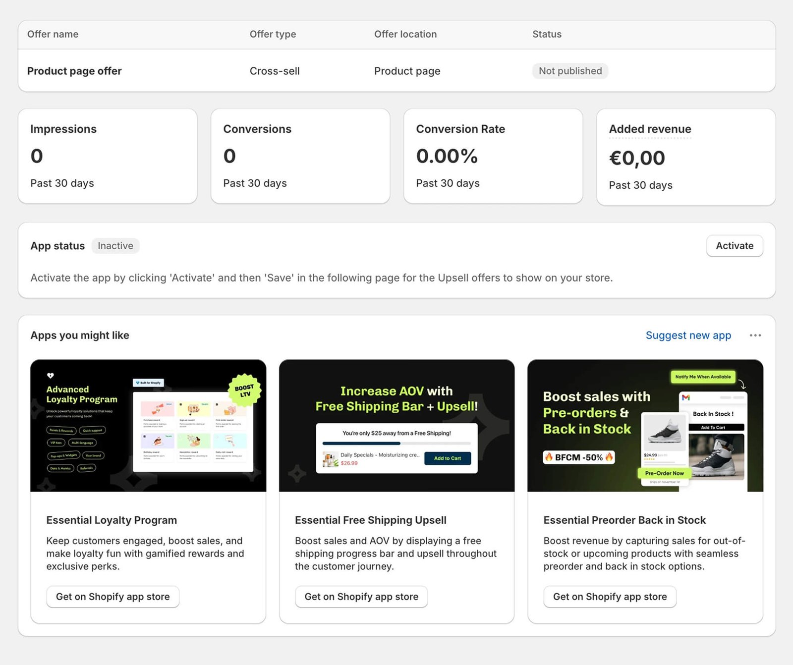 Essential Upsell home screen with offer status, impressions and conversion metrics