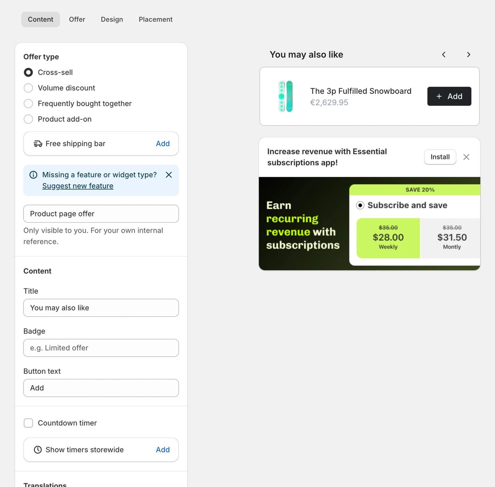 Essential Upsell offer editor with offer type options and a live product-page preview