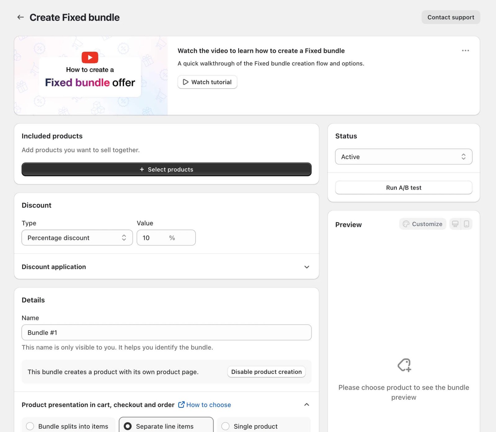 Fast Bundle fixed bundle editor with included products, discount type and storefront preview