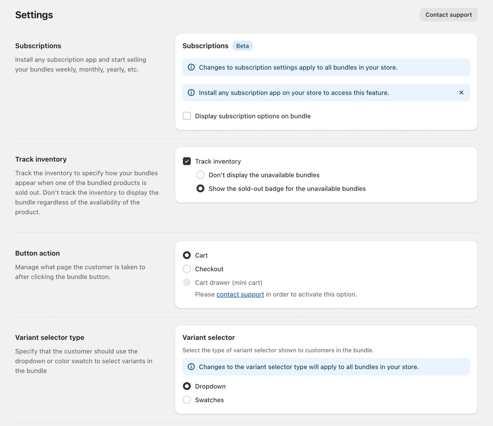 Fast Bundle settings for subscriptions, inventory tracking, button action and variant selector