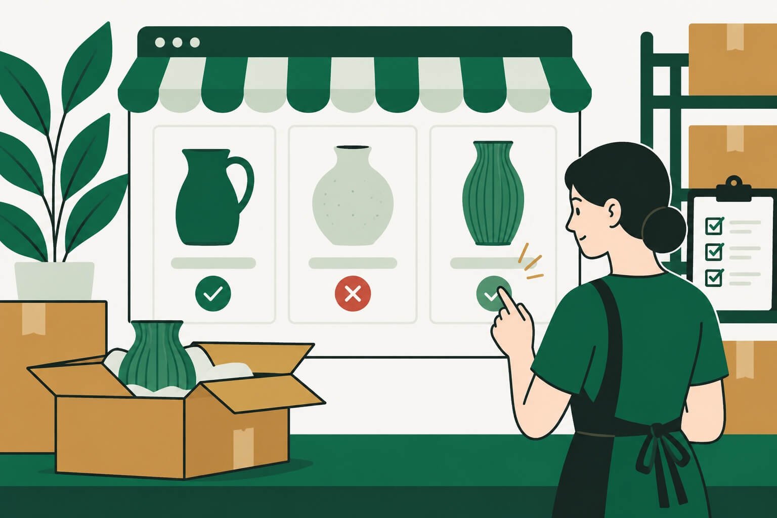 2D illustration of a merchant checking product availability in an online store