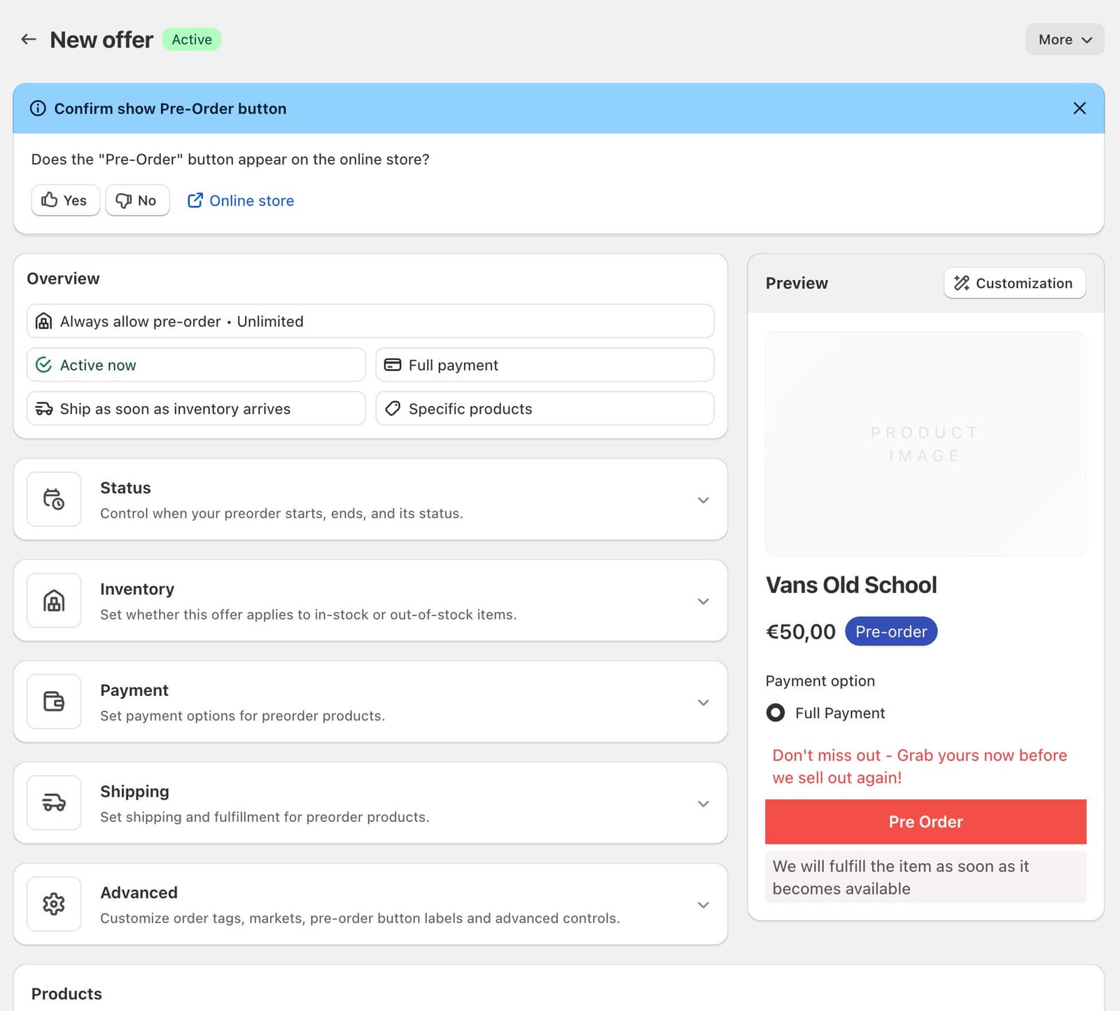 Globo preorder offer editor with product page preview