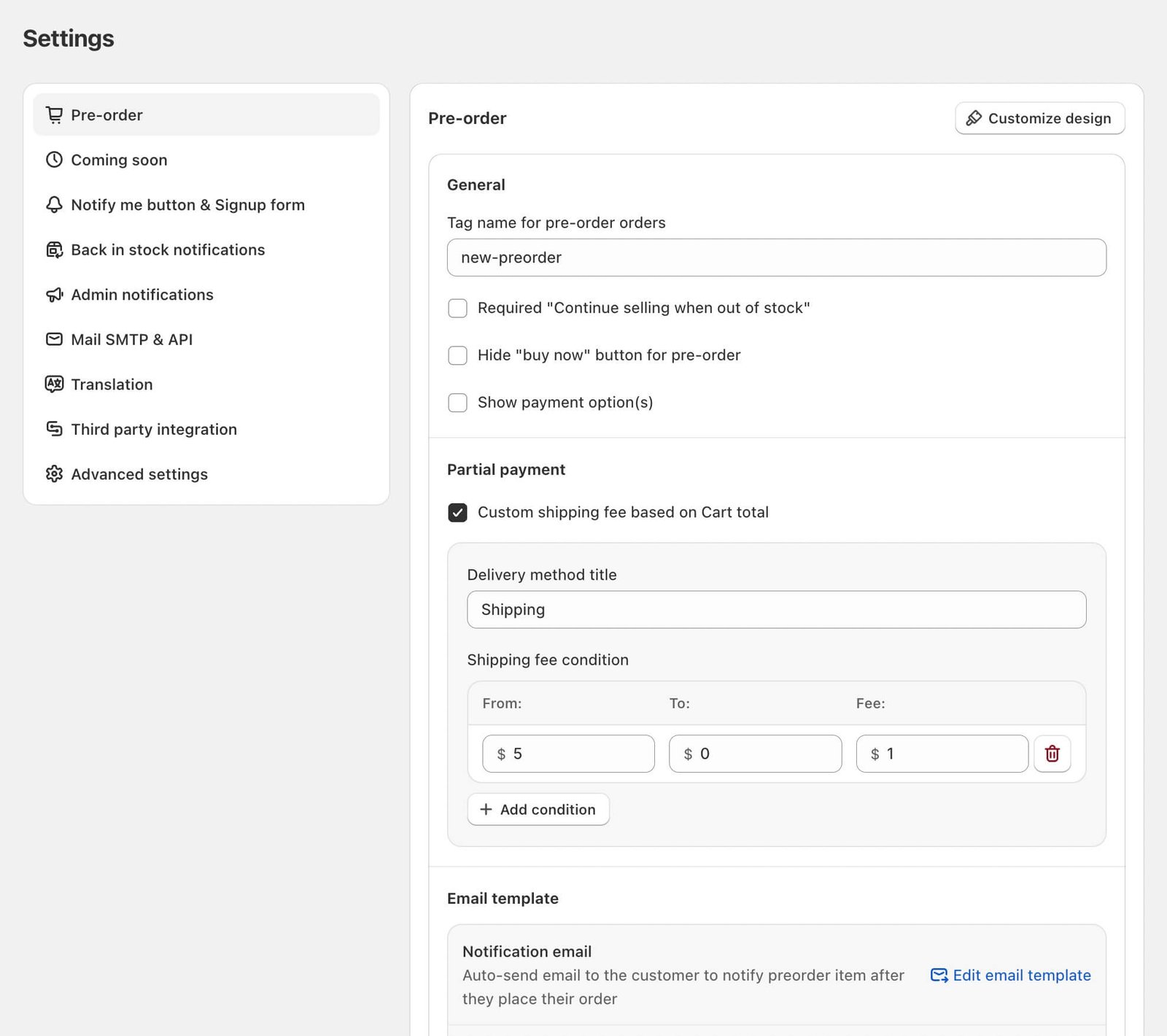 Globo preorder settings for order tags, payment and notifications
