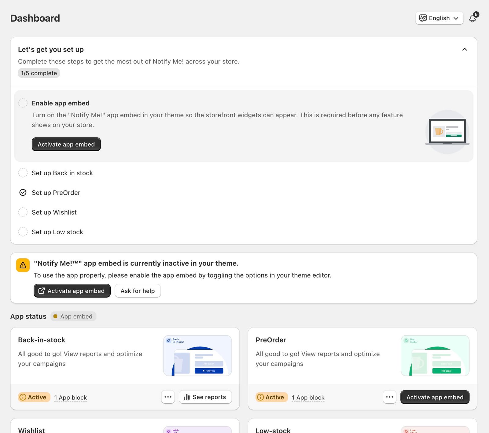 Notify Me! dashboard showing setup steps and app status