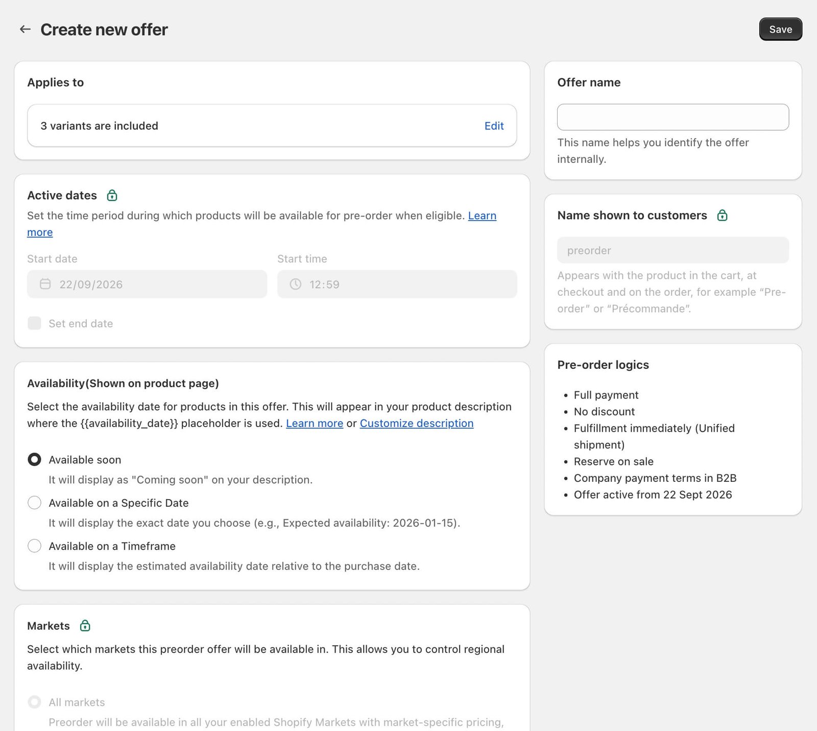 Notify Me! preorder offer editor with availability and market settings