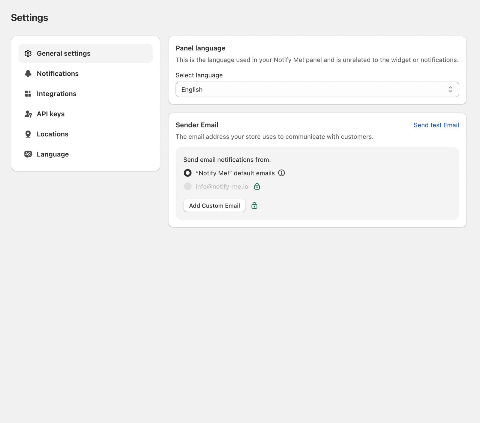 Notify Me! general settings for panel language and sender email