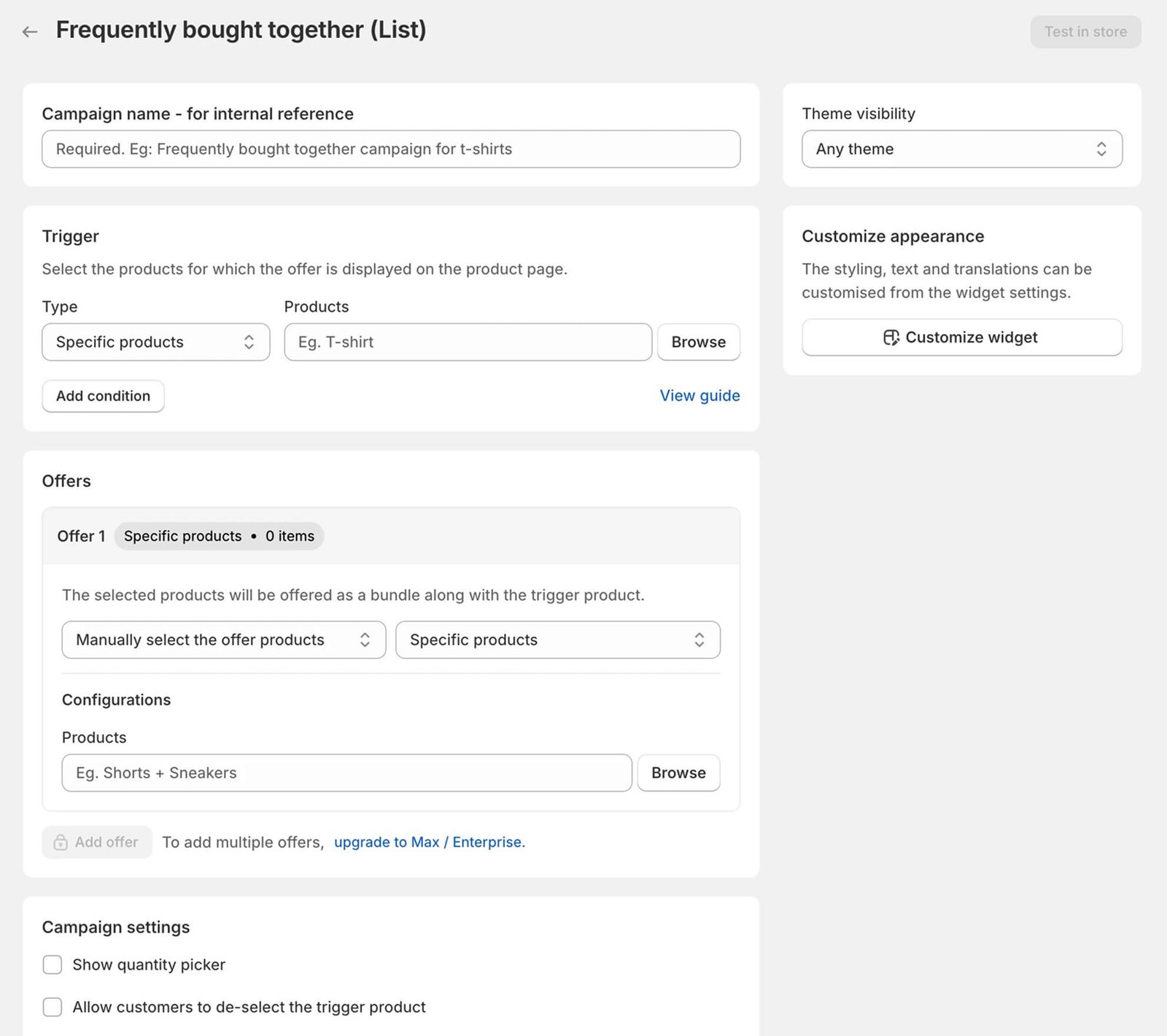 Selleasy frequently bought together campaign editor with trigger products and offer settings