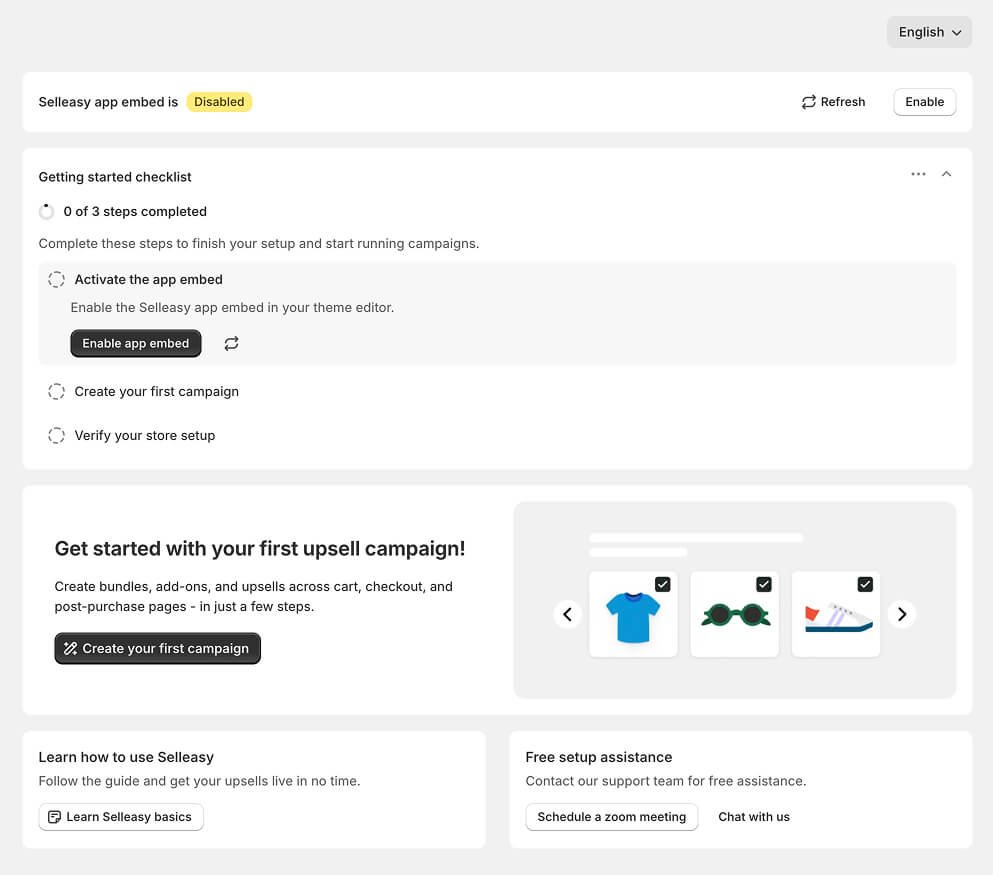 Selleasy home screen with the app embed status and getting started checklist