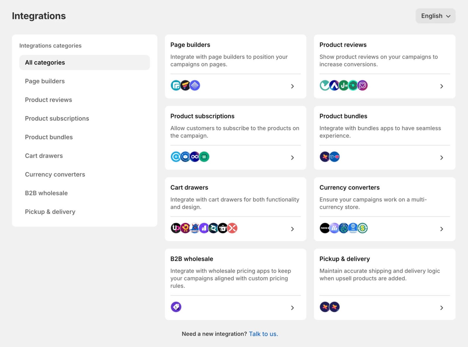 Selleasy integrations screen grouped by page builders, reviews, subscriptions, bundles and cart drawers