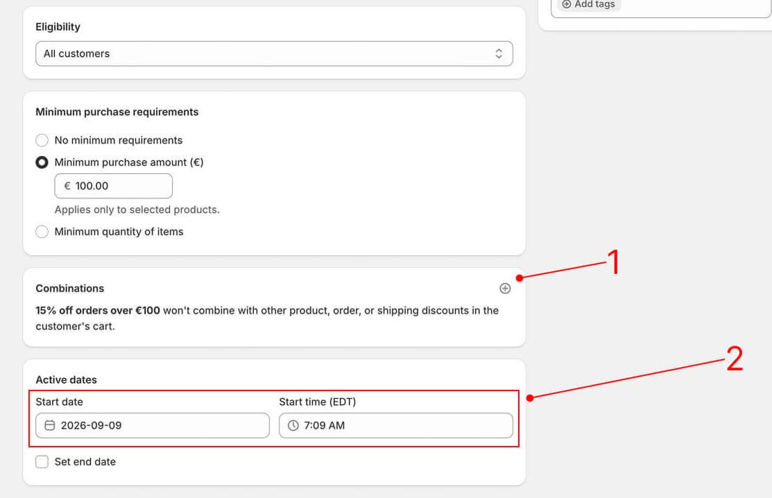 Shopify automatic discount combinations and active date controls
