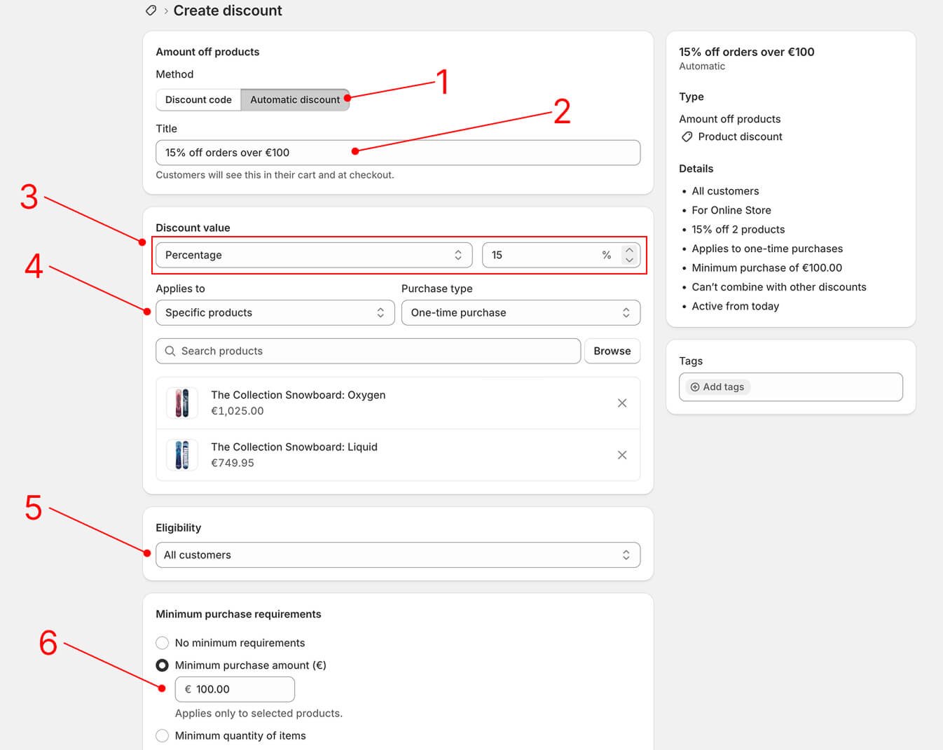 Shopify automatic discount settings with a title, 15 percent value, and 100 euro minimum purchase