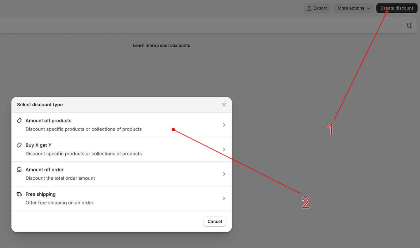 Shopify discount type picker showing the four native discount options