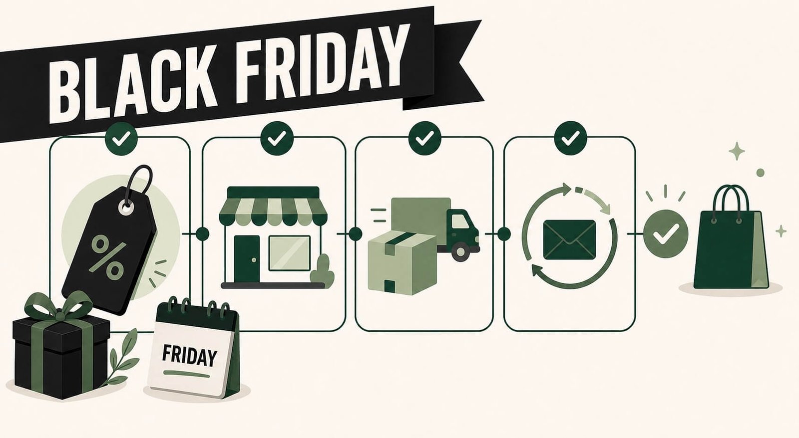 Black Friday Shopify launch gate showing a sale tag, gift, Friday calendar, storefront, fulfilment, recovery, and completed order