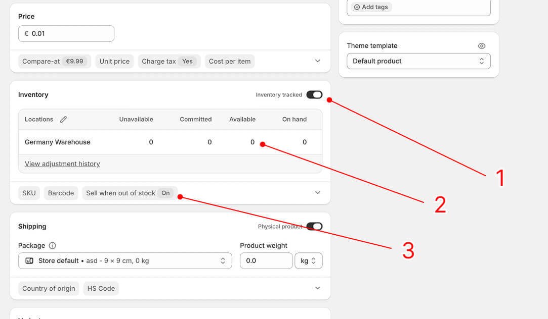 Shopify inventory settings interface