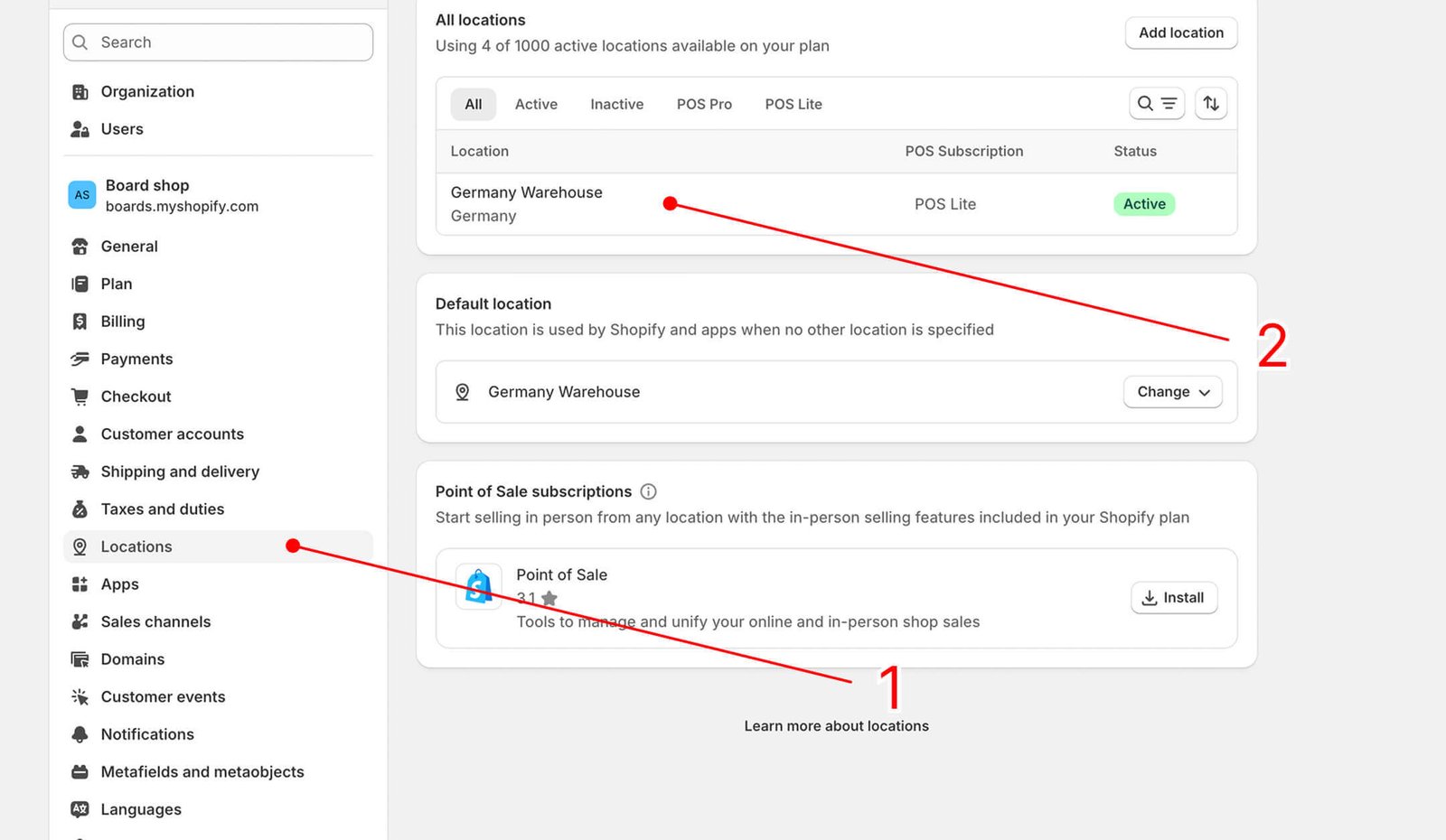 Shopify locations interface showing a list of active and inactive inventory locations