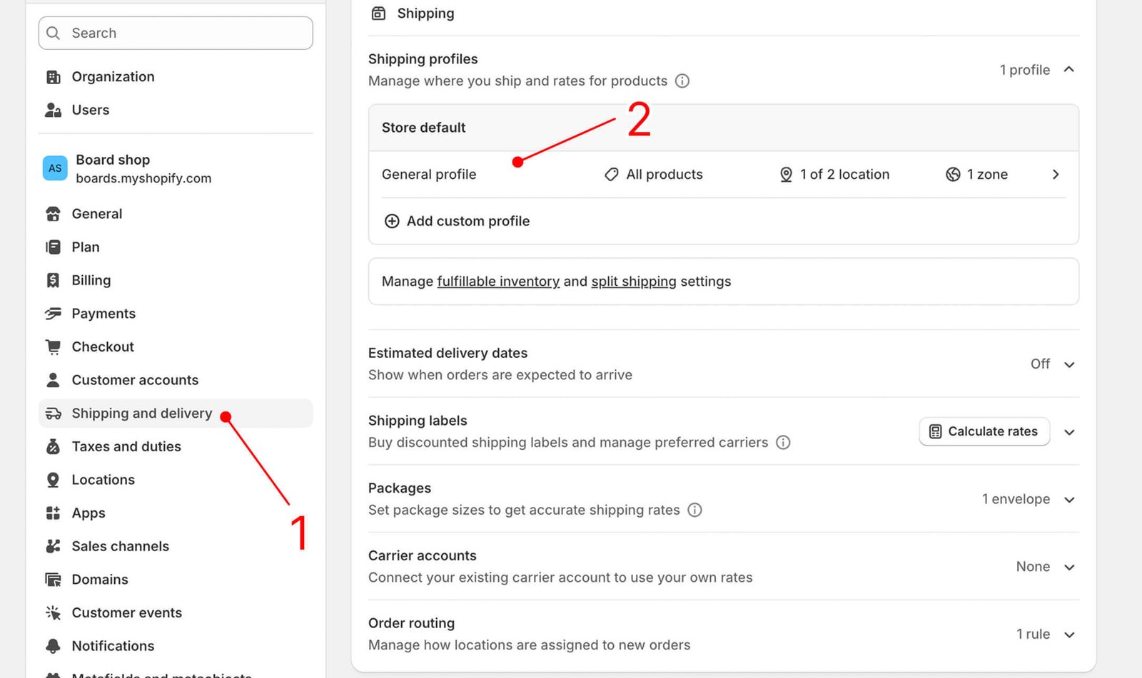 Shopify Shipping and delivery page showing shipping profiles