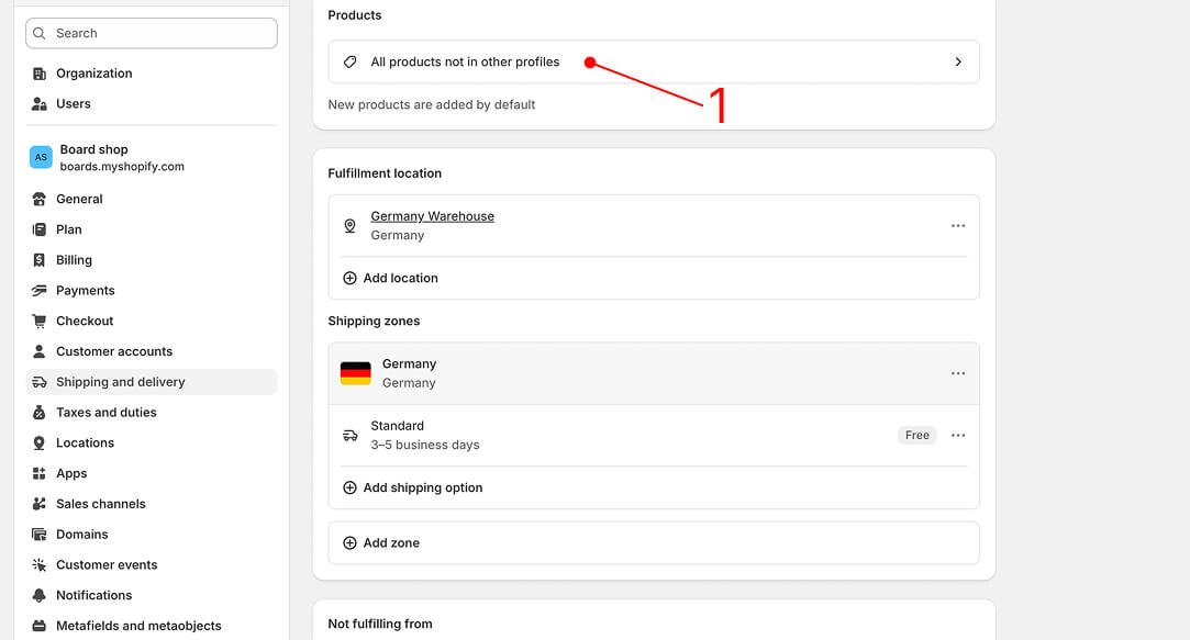Shopify shipping profile interface showing the products included in a profile