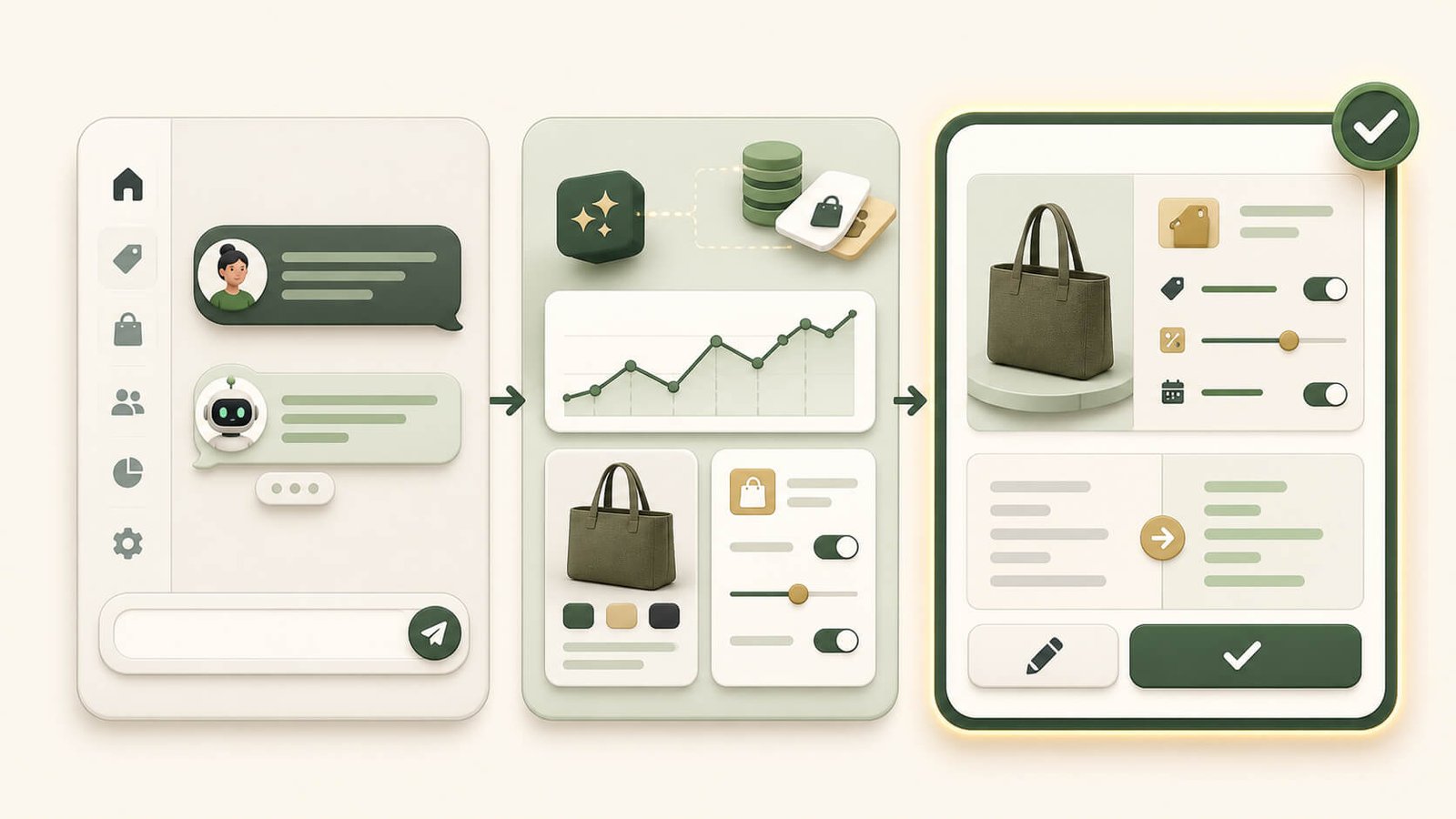 AI commerce assistant workflow showing a merchant request, analysis and draft preparation, and human review before approval