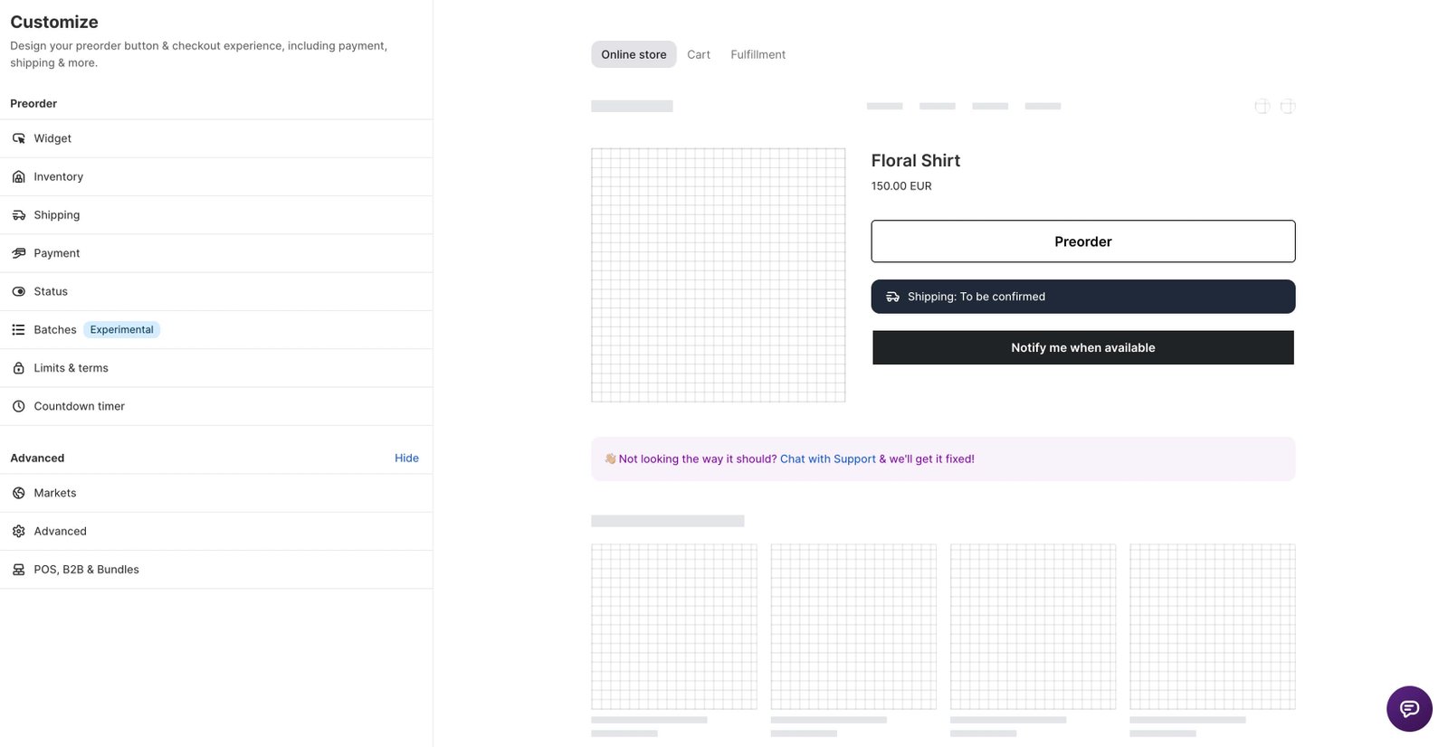 STOQ preorder customization screen with storefront preview