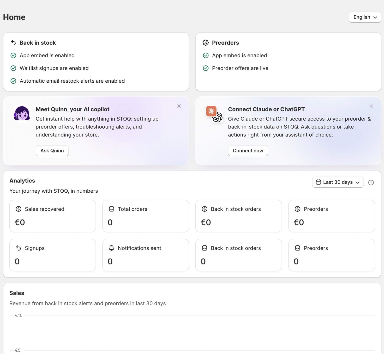 STOQ dashboard showing back-in-stock and preorder setup status and analytics