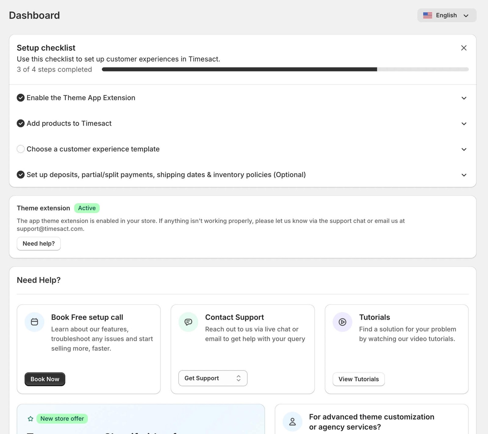 Timesact dashboard with setup checklist and support options
