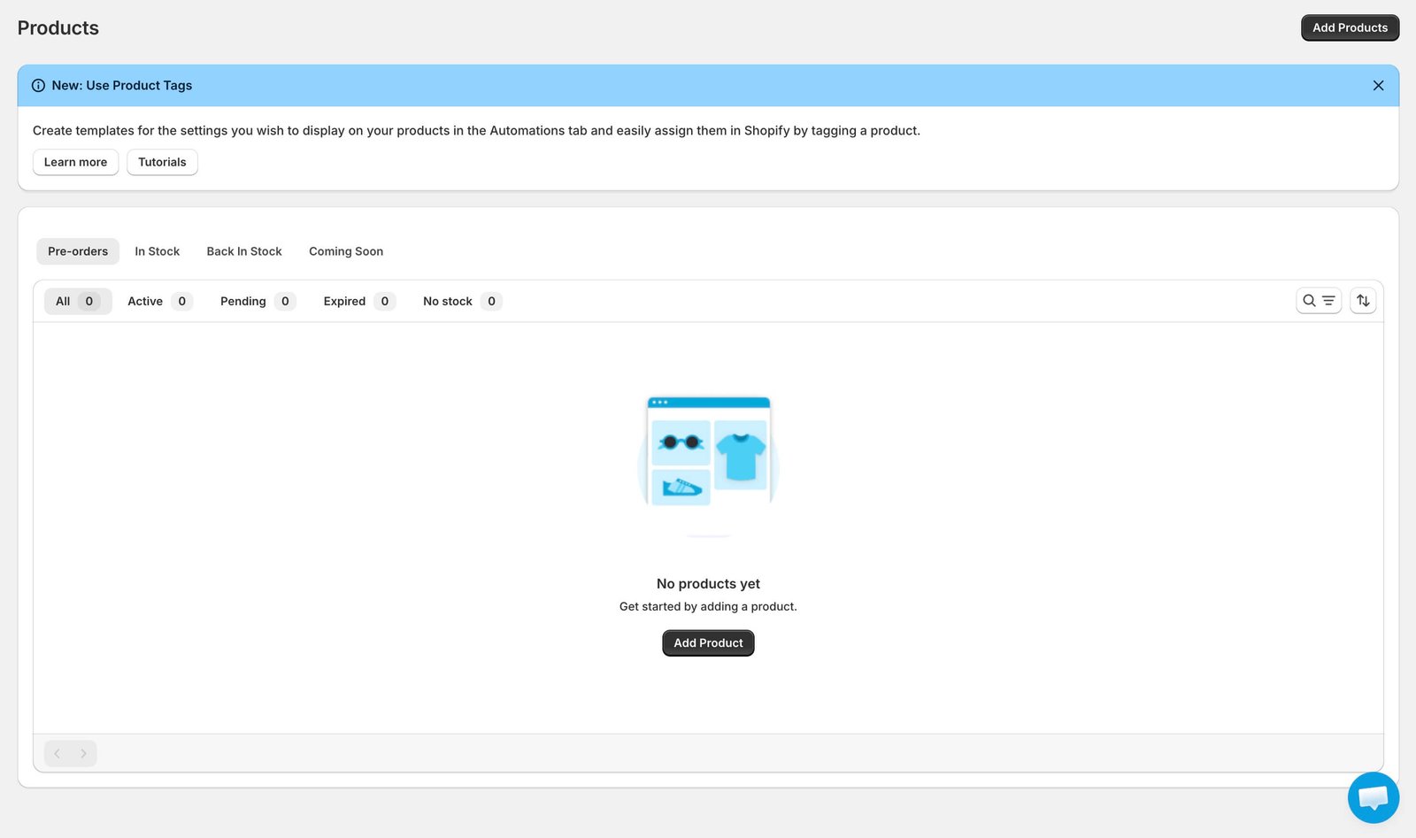 Timesact products screen with preorder and inventory tabs