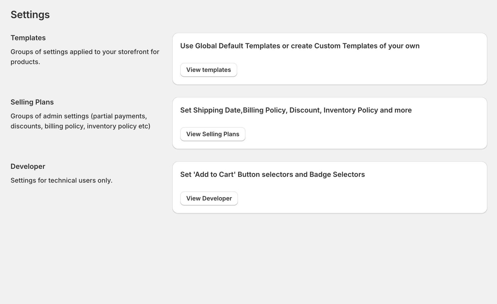 Timesact settings for templates, selling plans and developer options