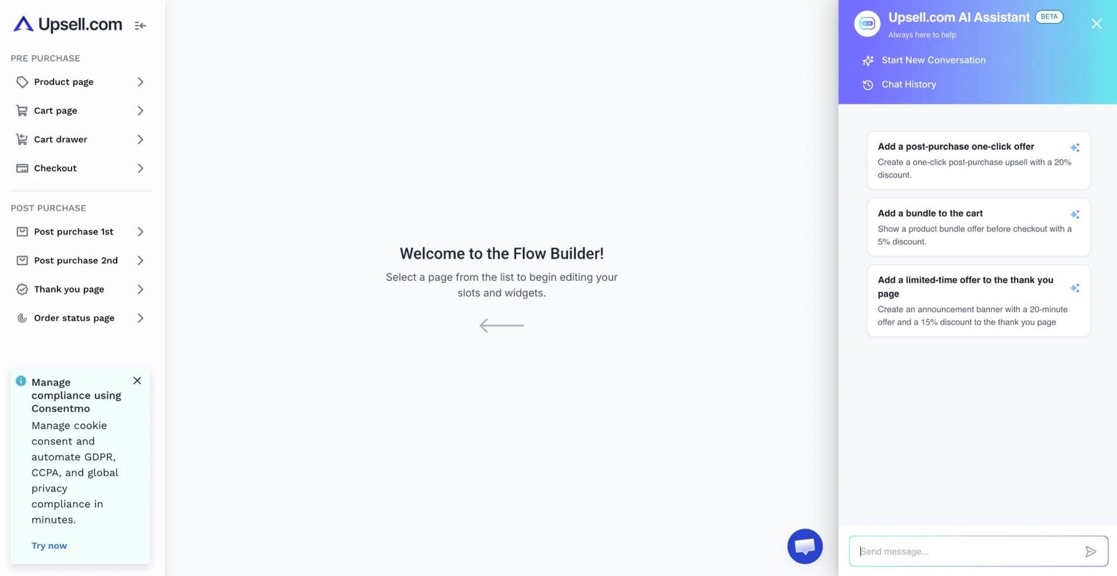 Upsell.com flow builder with the page list and AI assistant panel