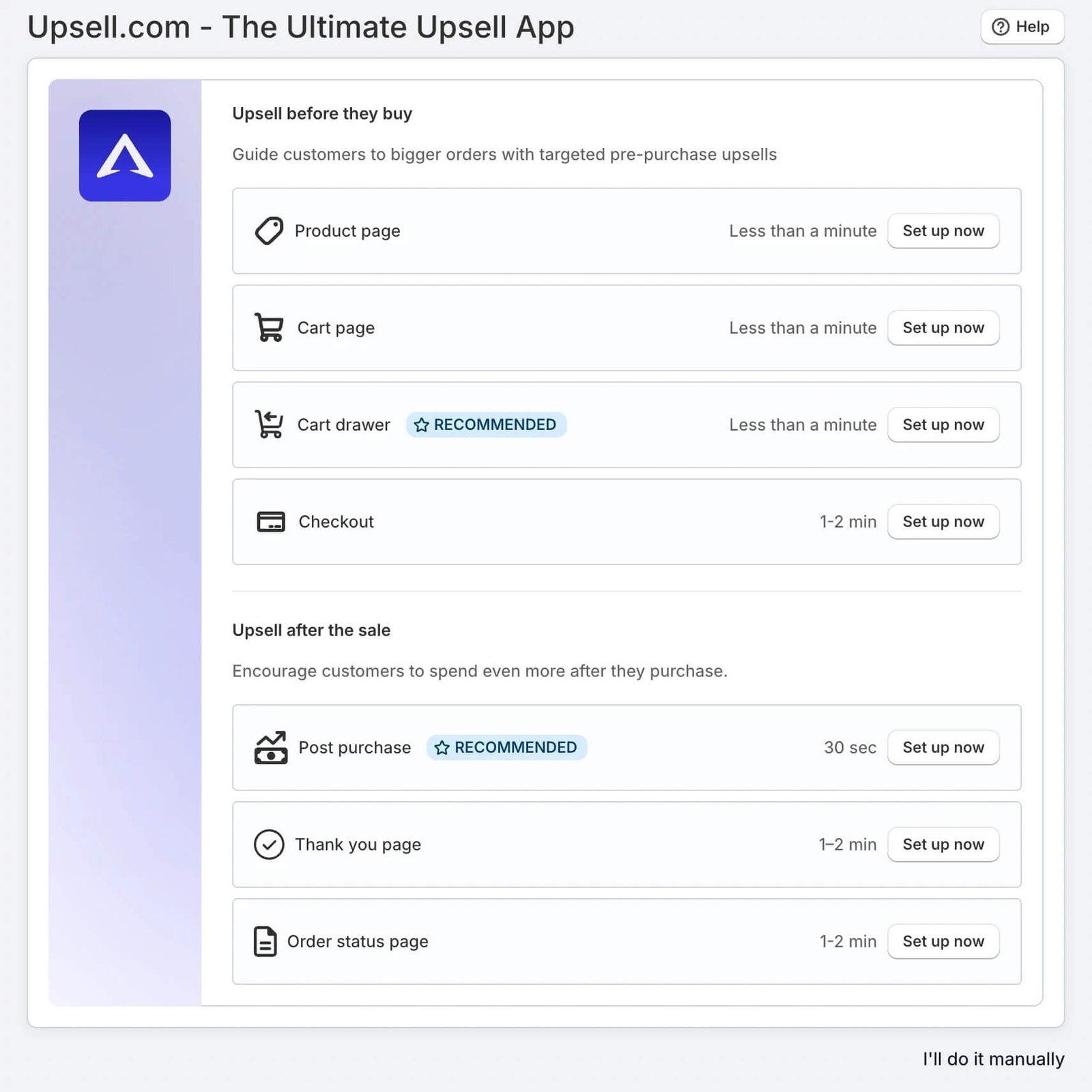 Upsell.com setup guide listing pre-purchase and post-purchase placements to set up